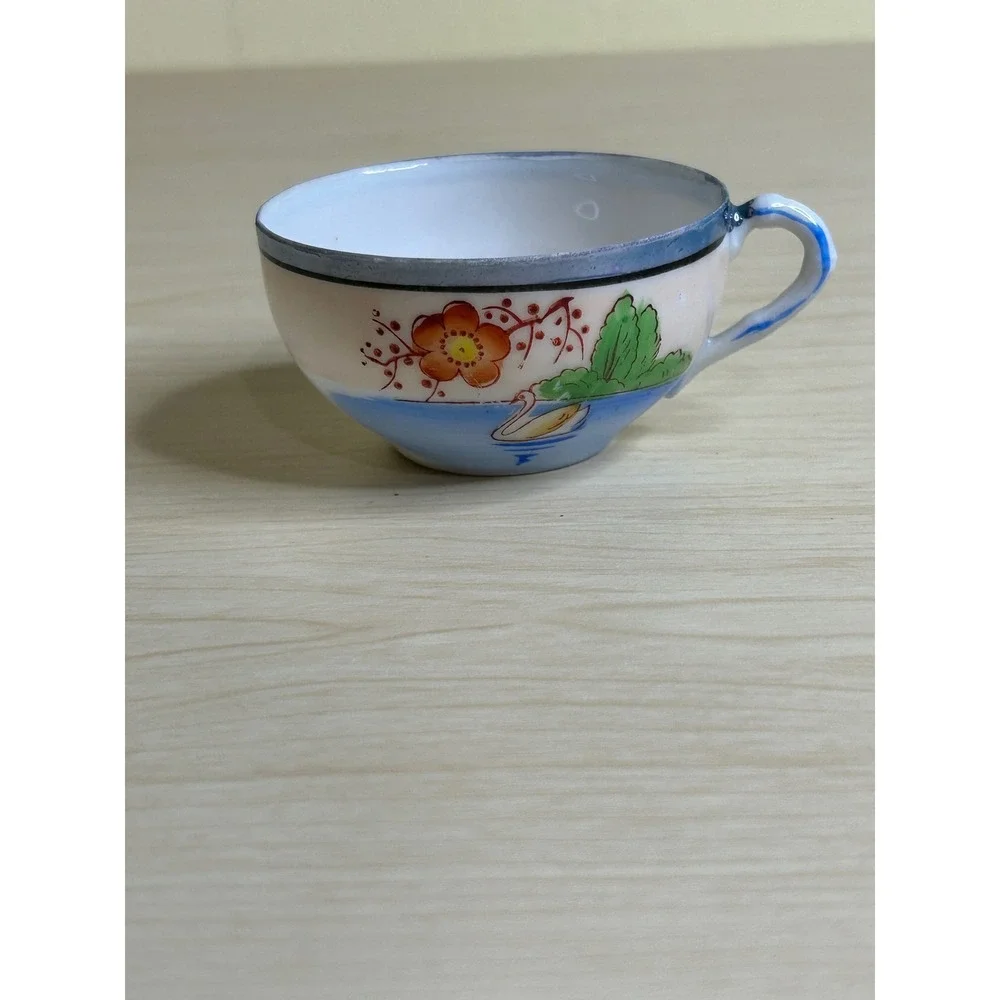 Vintage‎ Miniature Lusterware Tea Set Hand Painted Swan Landscape 17 Piece Set